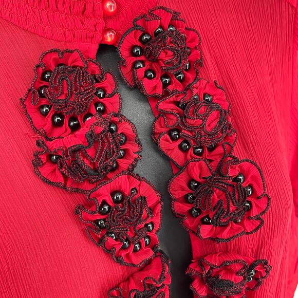 Bebe NEW Silk Flower Detail Puff Sleeve Peplum Blouse L Red Beads Smocked Sheer - Picture 4 of 9